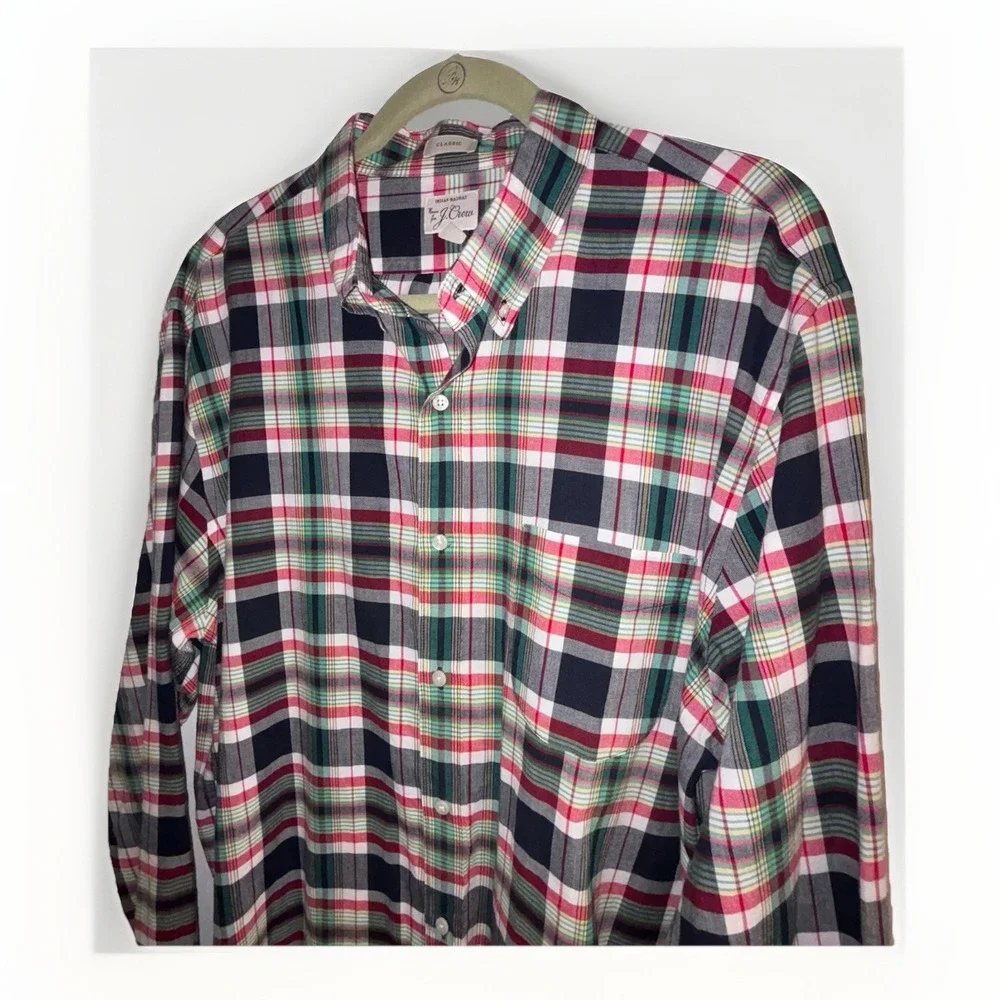 J. Crew Indian Madras Classic Plaid Shirt‎ Mens Size XL Button Front 100% Cotton